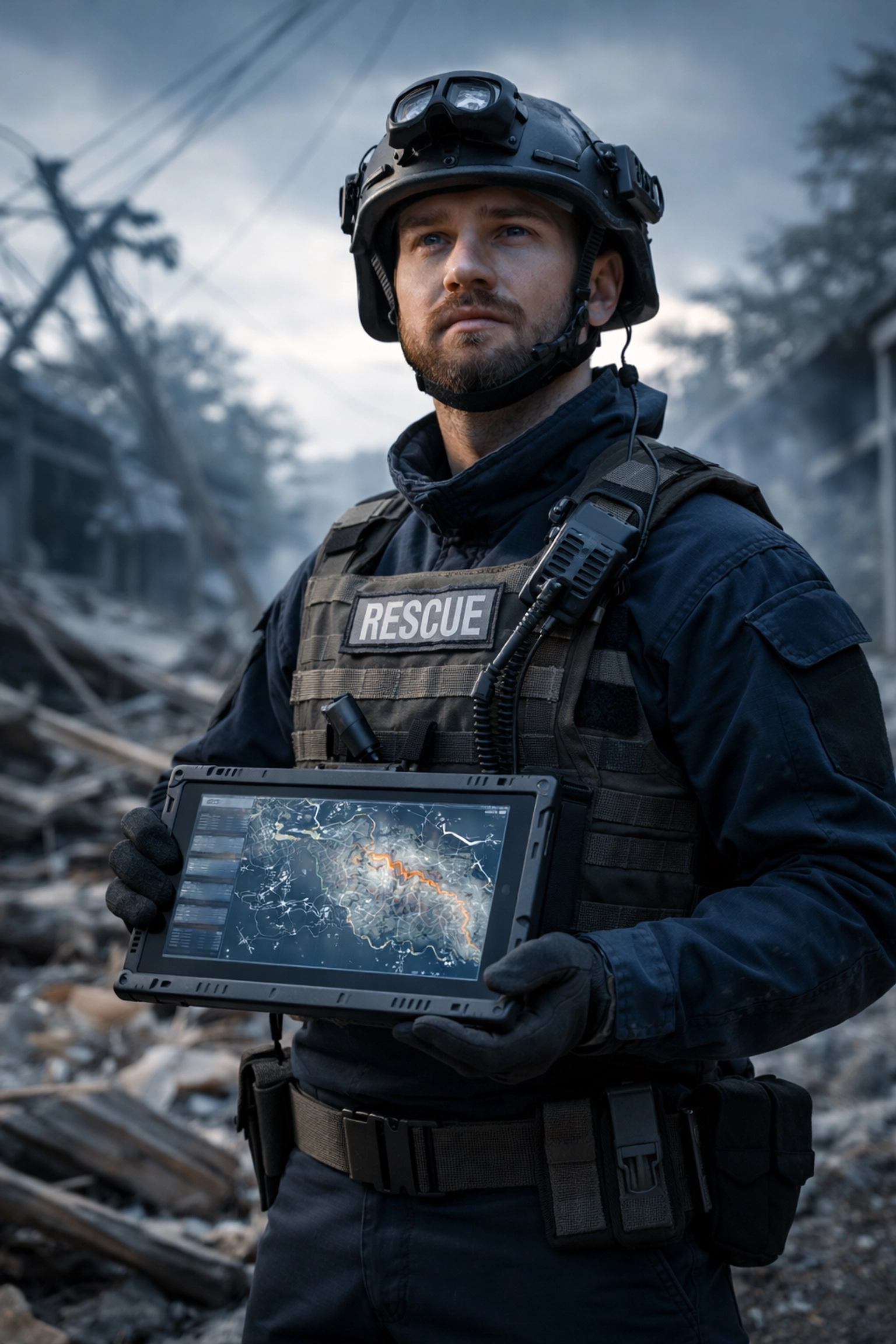 First responder using a rugged tablet with offline map in a disaster zone, showcasing resilient field technology